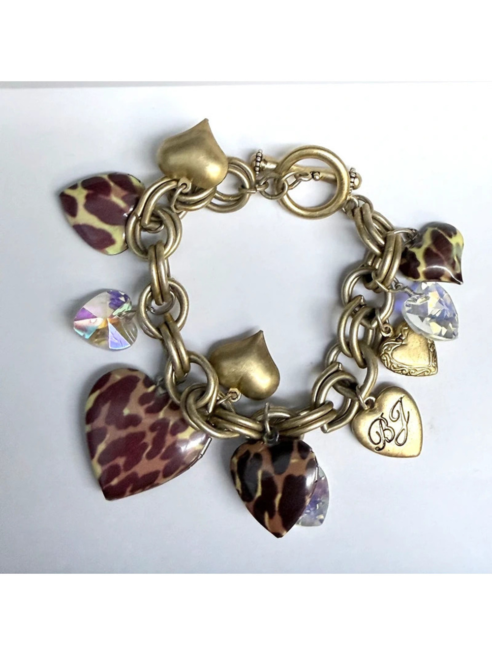 Vintage Betsey Johnson Gold Tone Leopard Print Heart Charm Bracelet Signed